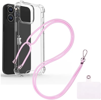 Shock Proof Case Hoes Geschikt voor iPhone 14 Hoesje Transparant Met universele Telefoonkoord lichtroze - Cover - Nek Hanger - Koord Hoes