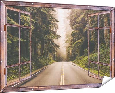 Gards Tuinposter Doorkijk Highway in Californië Omring met Bos - 180x120 cm - Tuindoek - Tuindecoratie - Wanddecoratie buiten - Tuinschilderij