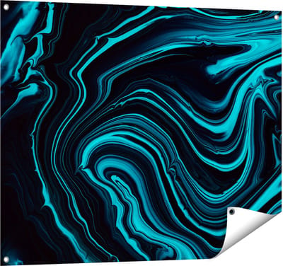 Gards Tuinposter Abstracte Kunst - Aqua Blauw met Zwart - 100x80 cm - Tuindoek - Tuindecoratie - Wanddecoratie buiten - Tuinschilderij