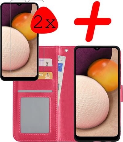 Hoesje Met 2x Screenprotector - Geschikt voor Samsung Galaxy A02s - Luxe Pasjeshouder - Bookcase Portemonee - Flip Case - Kunstleer Book Case - Flipcase Hoes - Book Cover - Walletcase - Portemonneehoes - Donkerroze