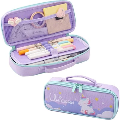 Trousse à crayons portable pour filles Trousse à crayons grande capacité Trousse à crayons double couche en tissu pour ranger white
