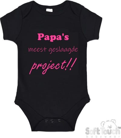 Soft Touch Romper "Papa's meest geslaagde project" Meisjes Katoen Zwart/roze Maat 56/62