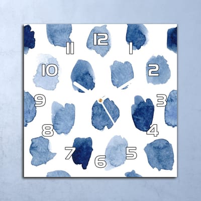 Coloray Wandklok - Abstracte vlekken Glazen Klok - 30x30 cm - Blauw Wandklok - Wandklok Vierkant - Wandklok Scandinavisch - Wandklokken Woonkamer - Stille Wandklok
