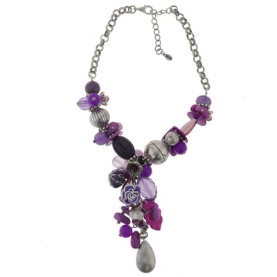 Behave - Ketting - Grote Ketting - Zilver Kleur - Paars - Bloemen - Grove Kralen - 50 cm