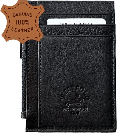 Westpolo Stijlvolle Unisex Leren Pasjeshouder - Ruimte voor 6 Pasjes & Muntgeld - Perfect Cadeau voor Verjaardagen, Vaderdag, Valentijnsdag, Moederdag en Meer - Zwart - 118 van Leerella