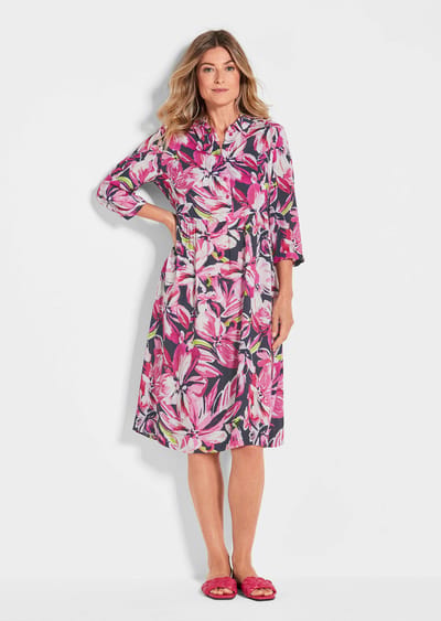 Gedessineerde jurk met bloemenmotief - roze / marine / gedess. - Gr. 46 van Goldner Fashion