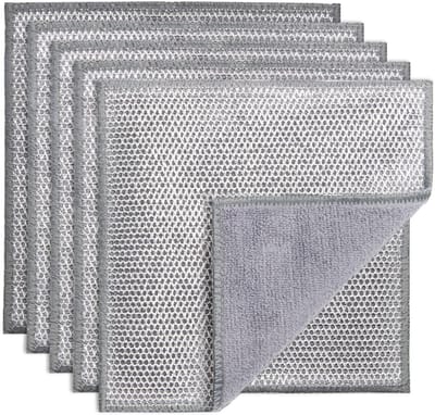 Set van 5 extra stevige vetverwijderingsdoeken – 2-in-1 schrob- en microvezeldoeken – Krasbestendig – Voor pannen, servies en aanrechtbladen