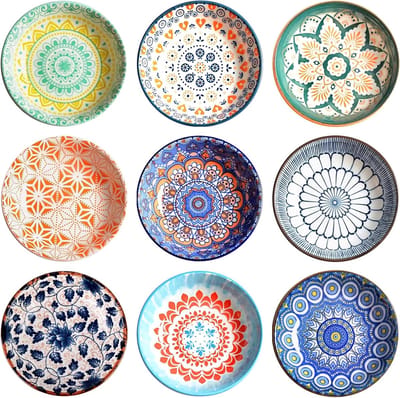 Set van 9 Kleurige Dessertkommen van Keramiek, Vaatwasser- en Magnetronbestendig, Ideaal voor Toetjes en Ontbijtgranen
