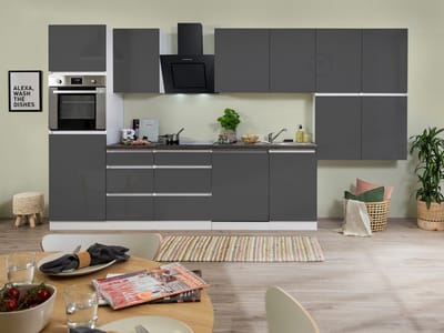Goedkope keuken 300  cm - complete keuken met apparatuur Lorena  - Wit/Grijs - soft close - keramische kookplaat - vaatwasser - afzuigkap - oven    - spoelbak