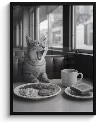 Poster in lijst - Fotolijst 50x70 cm - Posters - Kat - Koffie - Brood - Zwart - Posterlijst zwart - Decoratie - Wanddecoratie woonkamer - Muurdecoratie slaapkamer