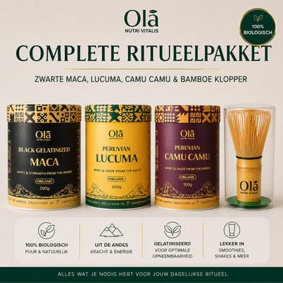 Olā Nutri Vitalis Compleet Ritueelpakket – Biologische Zwarte Maca 200g, Lucuma 200g, Camu Camu 100g & Bamboe Klopper