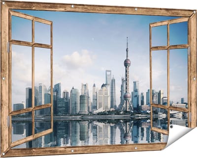 Gards Tuinposter Doorkijk Shanghai Skyline in China - 150x100 cm - Tuindoek - Tuindecoratie - Wanddecoratie buiten - Tuinschilderij