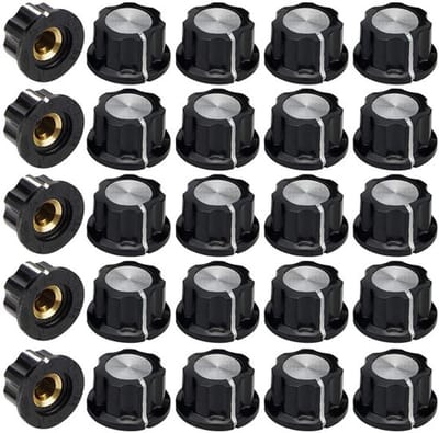 25 stuks Top draaiknoppen voor potentiometer - 6 mm as diameter - bovenkant knop - zwart
