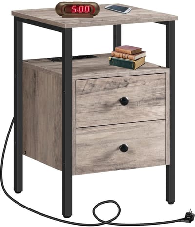 Signature Home Nachtkastje - Nachtkastje Met stopcontact - met 2 lades - voor woonkamer - slaapkamer - modern - 40 x 40 x 61 cm - grijs zwart