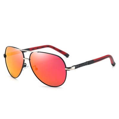 Zonnebril Heren - Zonnebril UV400 - Metalen Frame - Oranje Rode Glazen - Zwart Zilverkleurig Montuur - Comfortabel Zicht - Tegen Fel Licht