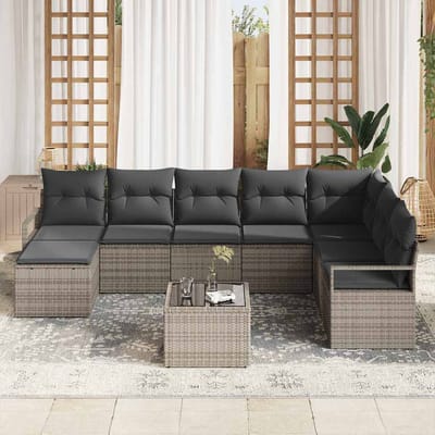 vidaXL Bankstel met kussen met opslag 9 pcs Lichtgrijs poly rattan