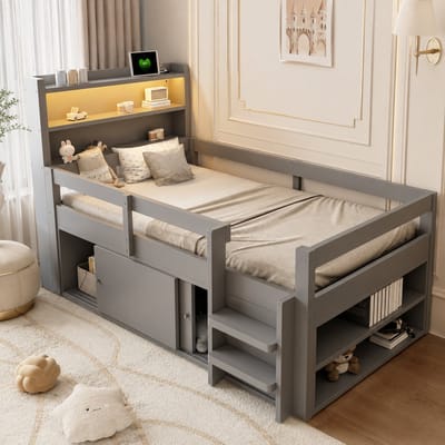 Kinderbed 90x200 cm - Eenpersoonsbed - Multifunctioneel bed - Opbergbed - Vloerbed - Met opbergvak - Met veiligheidsreling - Met LED-verlichting - Met USB-oplaadpoort - Veilig en comfortabel - Grijs