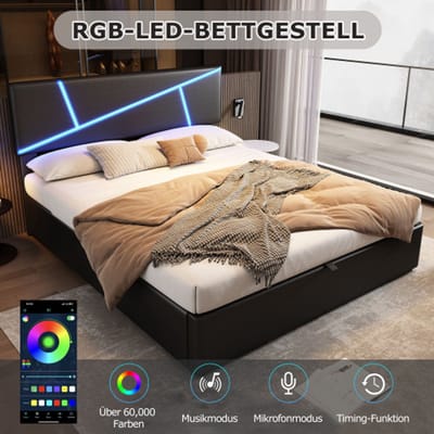 Gestoffeerd Bed - Comfortabel Ledikant - Slaapkamer Inrichten - Geïntegreerde Ledverlichting - 90 x 200 cm - Zwart