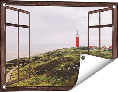 Gards Tuinposter Doorkijk Vuurtoren Texel - 60x40 cm - Tuindoek - Tuindecoratie - Wanddecoratie buiten - Tuinschilderij