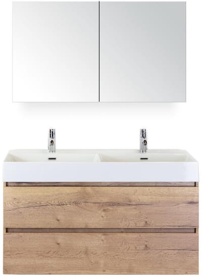 Maxx XL Badmeubelset 120 cm - Natuur Eiken - Wastafel Kube Dubbel 2 Kraangaten met Spiegelkast