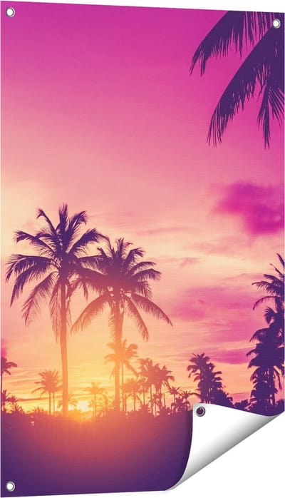 Gards Tuinposter Tropische Palmbomen met Zonsondergang - 60x90 cm - Tuindoek - Tuindecoratie - Wanddecoratie buiten - Tuinschilderij