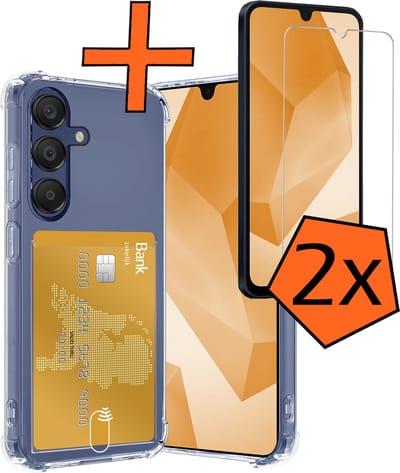Hoes - Geschikt voor Samsung Galaxy A16 - Met 2x Screenprotector - Pashouder - Kaarthouder - Telefoon Hoesje Shockproof - Siliconen Case - Back Cover - Shock Proof - Pasjes Houder - Transparant