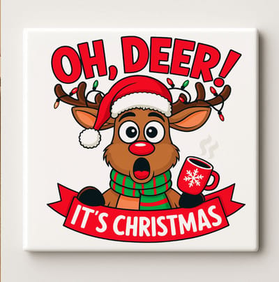 Oh Deer It’s Christmas Rendier Art Tegel – 15x15cm Schattige Kerst Keramische Wanddecoratie, Feestelijke Kerst Huisdecoratie