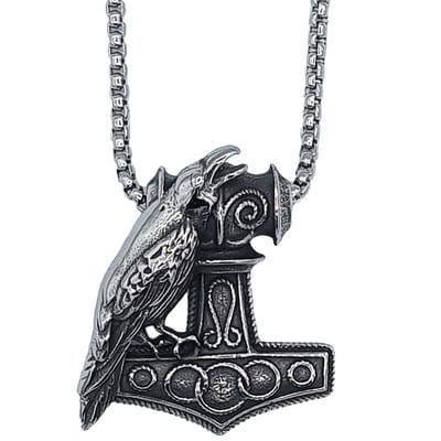Tesoro Mio Michel – Viking Ketting Raaf Op Thor's Hamer - Edelstaal - L 60 cm, B 3 mm - Hanger 4.4 x 3.8 cm