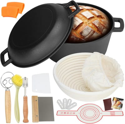 Dailygoods- Gietijzeren Oven 5,7 L - Zuurdesemstarterset - Proofingmand - Mes - Deksel - Ideaal voor Brood Bakken - Broodoven