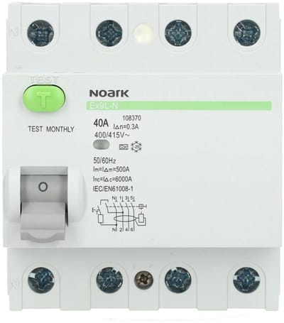 Noark aardlekschakelaar 4-polig 40A 300mA type A (Ex9L-N 4P 40A A 300mA)