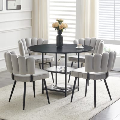 OKWISH Eettafelset 107 Cm - Ronde Tafel Met Dubbele Opbergruimte En 4 Stoelen - Industrieel - MDF En Metaal - Zwart Grijs