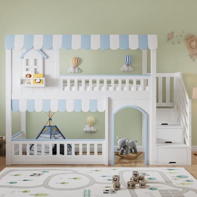 Wishdor Kinderstapelbed 90 x 200 cm – Opbergtrap met Drie Treden – Beschermhekken aan Vier Zijden – Vrolijk Wit-Blauw Design met Ramen – Vrije Ruimte Onder het Bed – Geschikt voor Kinderslaapkamer – Massief Grenen en MDF – Wit-Blauw