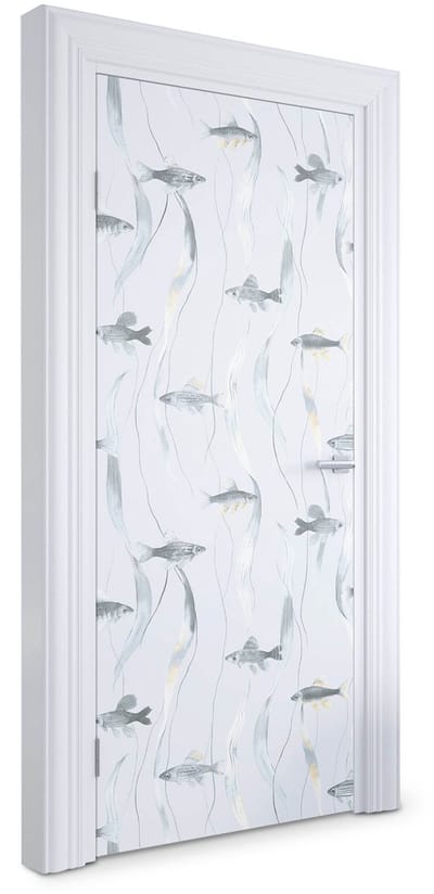 Wallfluent Deursticker - Vis en zeewier Deur Sticker - 95 x 205 cm - Lichtblauw Deurfolie - Moderne Deur Sticker - Dieren Deur plakfolie - Deursticker voor de Woonkamer - Deurposter