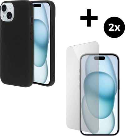 Mobiparts Silicone Cover hoesje geschikt voor Apple iPhone 15 met 2 Screenprotectors van Gehard Glas - Zwart