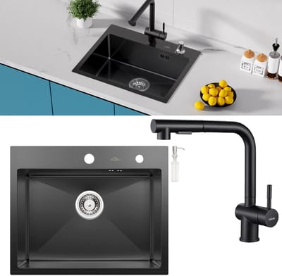 Auralum max Spoelbak Antraciet 55 x 45 - Met keukenkraan met uittrekbare uitloop - Spoelbak Keuken RVS - Spoelbak Met Kraangat - Spoelbakken Keuken - Spoelbak met Afdruipgedeelte