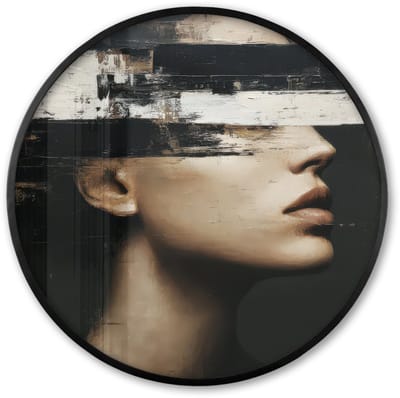 Poster in lijst Rond - Fotolijst 60x60 cm - Posters - Gezicht - Vrouw - Zwart - Abstract - Ronde posterlijst zwart - Decoratie - Wanddecoratie woonkamer - Muurdecoratie slaapkamer