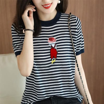 Gestreept Geborduurd Rond Hals Mercerized Katoen T-shirt voor Dames Zomer Katoenen Draad Contrast Gebreide Trui Kortmouwige Top XL