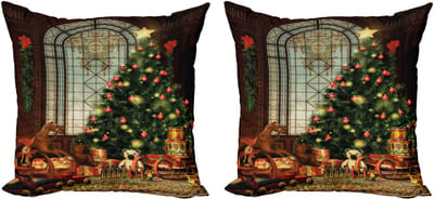 ABAKUHAUS Kerstkussenhoezen, set van 2, kerstboom, moderne accenten, dubbelzijdige digitale print, 45x45 cm, bruin, groen, rood
