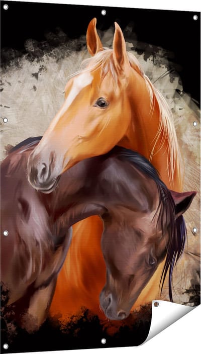 Gards Tuinposter Twee Getekende Knuffelende Paarden - Abstract - 80x120 cm - Tuindoek - Tuindecoratie - Wanddecoratie buiten - Tuinschilderij