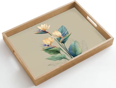 Dienblad hout 50x35 cm - Schootdienblad - Paradijsvogelbloemen - Blauwgroene bladeren - Beige - Borrelplank rechthoek - Plateau dienbladen