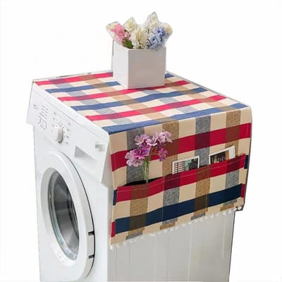 Multifunctionele hoes voor wasmachine en koelkast, 55 x 130 cm, met opbergtas, rood en blauw vierkant design
