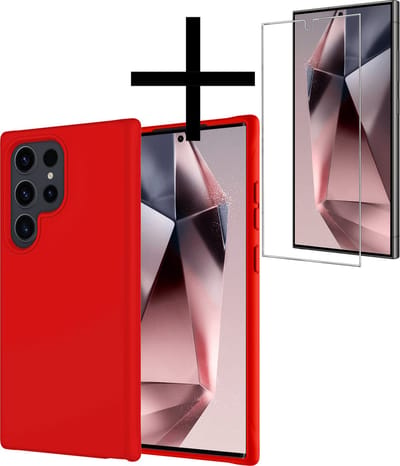 Hoesje - Met Screenprotector - Geschikt voor Samsung Galaxy S24 Ultra - Sterk & Shockproof - Back Cover - Siliconen Case - Telefoon Hoes - Rood