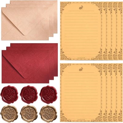 Vintage Briefpapier Set van 16 Stukken met Waszegel – 6 Linnen Enveloppen, 10 Kraft Papieren Briefvellen, Perfect voor Uitnodigingen, Cadeaus en Persoonlijke Brieven