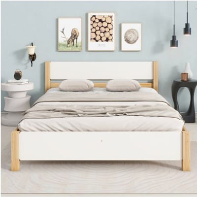 Lit double - MUVOE - 140x200 cm - Bois massif - Tête et pied en MDF - 15 sommiers à lattes blanc