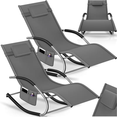 tectake® Ligstoelen Set van 2 – Ergonomische Ligbedden met Schommelfunctie – Relaxstoelen met Hoofdsteun, Armleuningen en Opbergvak – Draagvermogen 120 kg – Grijs