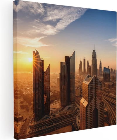 Artaza Canvas Schilderij Zonsondergang Stad - 30x30 cm - Klein - Wanddecoratie Skyline - Muurdecoratie Wolkenkrabbers - Kamer Accessoires
