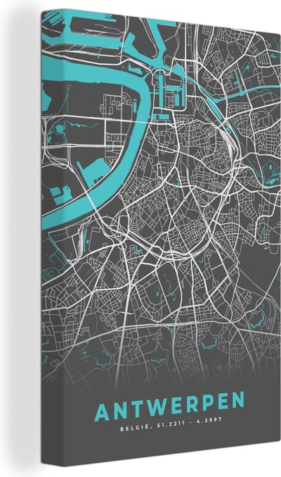 Canvas Schilderij Stadskaart – Grijs - Kaart – Antwerpen – België – Plattegrond - 20x30 cm - Wanddecoratie