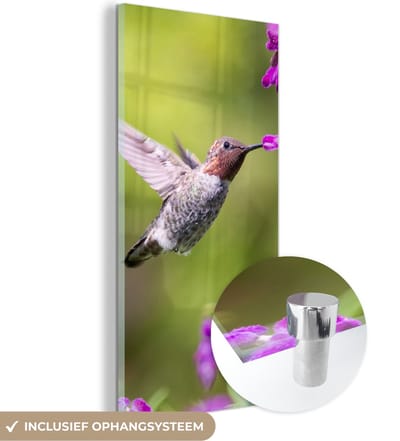 MuchoWow® Glasschilderij 20x40 cm - Schilderij acrylglas - Kolibrie - Vogel - Bloemen - Natuur - Foto op glas - Schilderijen