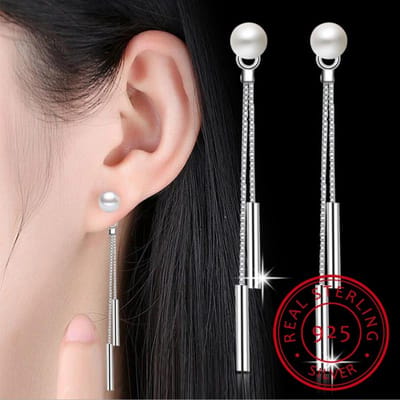 Nieuwe Mode 925 Sterling Zilveren Knop Oorbel Eenvoudige Parel Lange Kwast Dangle Oorbel Voor Vrouwen Oorlijn Sieraden Brincos Bijoux black