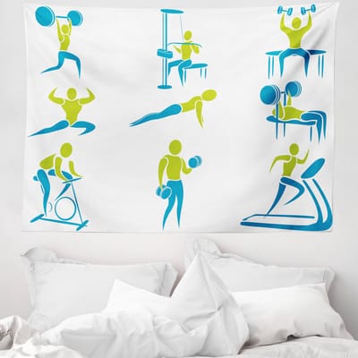ABAKUHAUS Fitness Wandtapijt, met afbeeldingen van diverse fitnessactiviteiten en gewichthefapparatuur, 150 x 110 cm, appelgroen en hemelsblauw